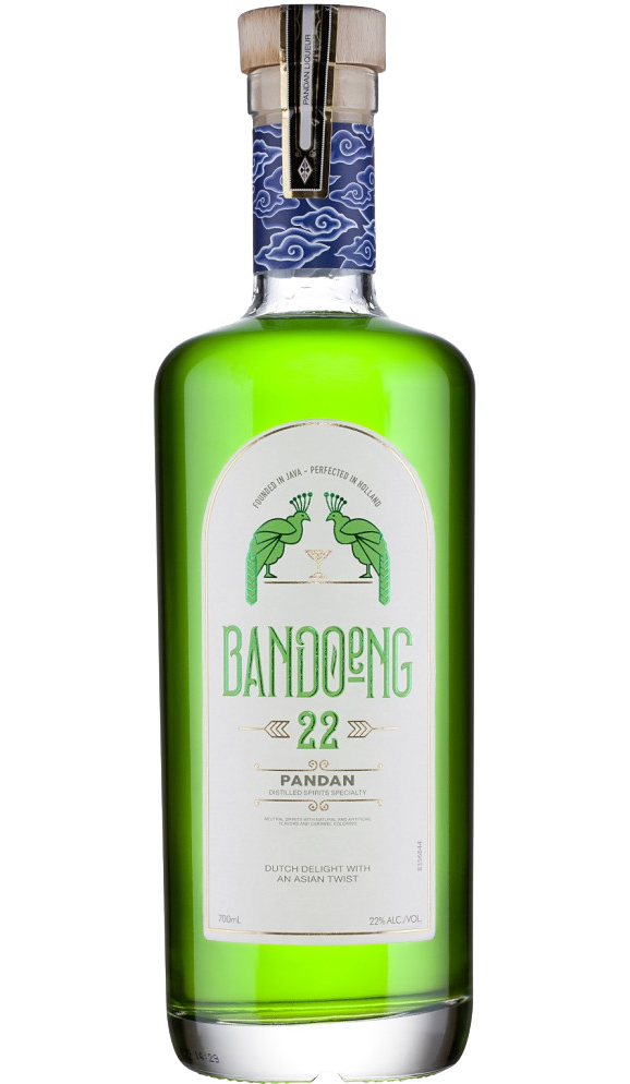 Premium 700ml bottle of Bandoeng 22 Pandan Liqueur from Holland, distinguished by its vibrant green color and exotic pandan flavor, encapsulated in a sleek and modern design