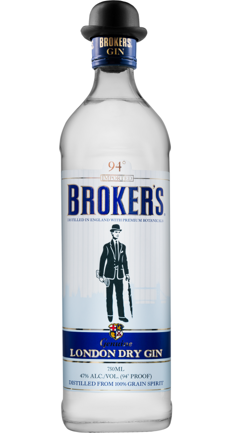 Broker's Gin London 94PF 750ml bottle, showcasing its distinctive design featuring a clear glass with classic labeling and a quirky bowler hat on the cap. The background highlights the gin's premium, clean look, ideal for reflecting its traditional British heritage and robust juniper flavor.