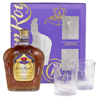 Crown Royal Canadian Whiskey Gift Pack 750ml, featuring a classic purple velvet bag, a clear bottle filled with golden whiskey, and two branded glasses, set against a sophisticated backdrop.