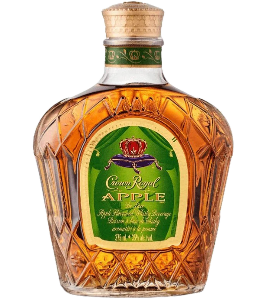 Crown Royal Apple Whiskey 375ml bottle, featuring a sleek design with a prominent green apple illustration and the classic Crown Royal logo, set against a backdrop that highlights its Canadian origin.