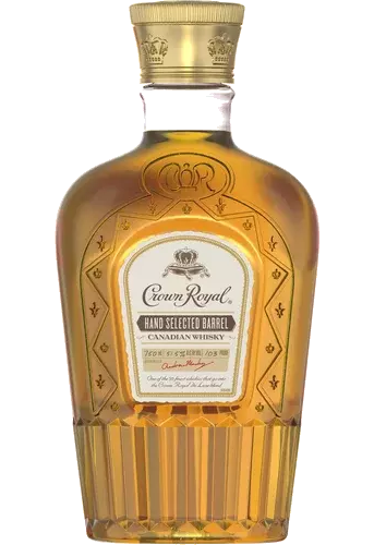 Crown Royal Whiskey Hand Selected Barrel Canada 103PF 750ml, featuring a luxurious deep purple bag and clear bottle with a rich amber whiskey, highlighted by a distinctive label.