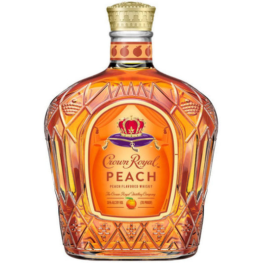 Crown Royal Peach Flavor Whiskey 750ml, showing a distinctive bottle with a peach-hued label and the iconic Crown Royal regal design, encased in a matching peach-colored drawstring bag.
