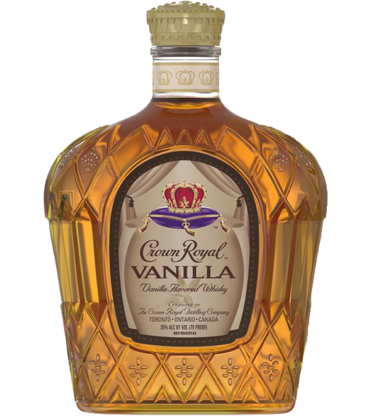 Crown Royal Vanilla Whiskey 750ml bottle, featuring a smooth, clear glass with a distinctive label highlighting its rich vanilla infusion. The iconic Crown Royal purple and gold bag is prominently displayed, reflecting its Canadian origin and premium quality.