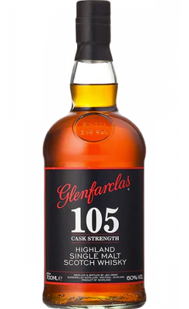Glenfarclas 105 Scotch Single Malt Highland Cask Strength 750ml, displaying a classic bottle with a deep amber whisky inside, highlighted by a label emphasizing its 105 proof strength and rich heritage.