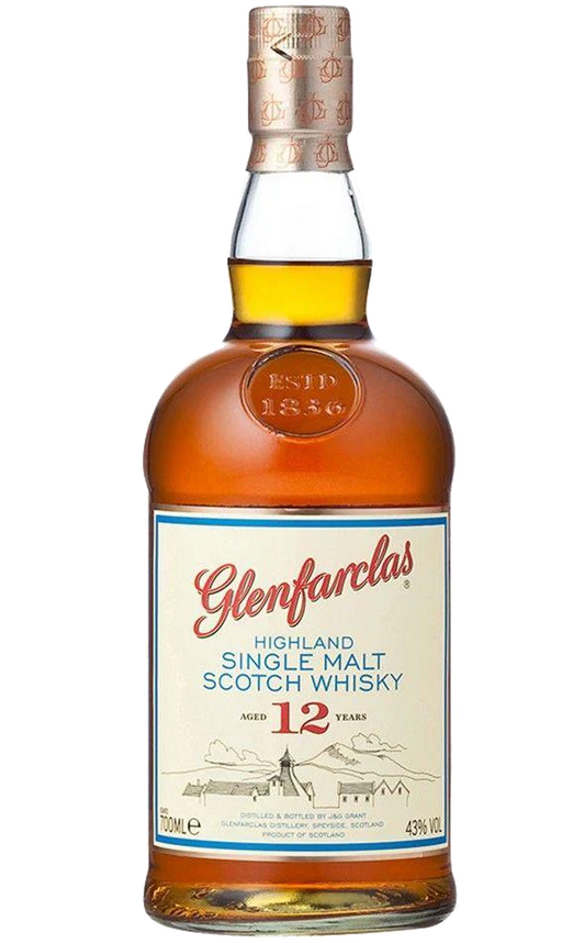 Glenfarclas 12-Year-Old Single Malt Highland Scotch bottle, 750ml. The bottle is elegantly shaped with a dark, textured label featuring the Glenfarclas crest, displayed against a backdrop of muted Highland scenery, emphasizing its premium quality and heritage