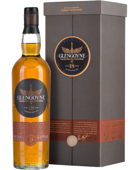 Glengoyne 18 Year Old Highland Single Malt Scotch Whisky 750ml bottle, showcasing rich amber color, available at RemedyLiquor.com