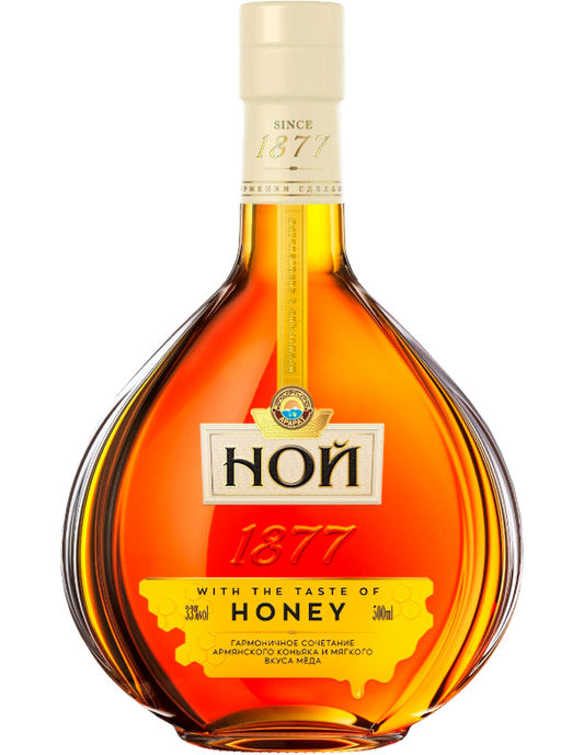 NOY Honey Flavored Brandy 700ml bottle, highlighting its deep amber color and honey infusion, detailed with an elegant label that celebrates its Armenian heritage, against a refined backdrop