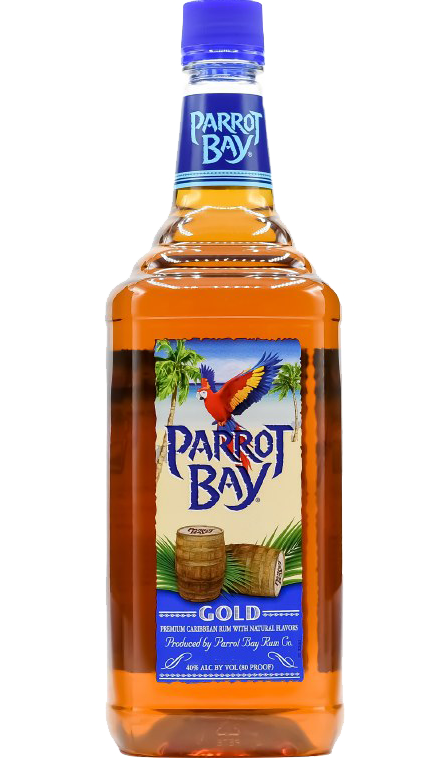 Bottle of Parrot Bay Rum Gold Caribbean 1L, showcasing a golden liquid, representing premium Caribbean rum with tropical fruit, vanilla, and caramel notes.