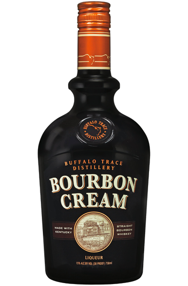 Elegant bottle of Buffalo Trace Bourbon Cream Liqueur Kentucky 750ml, featuring a creamy color palette and the iconic Buffalo Trace logo on the label, emphasizing its luxurious blend of bourbon and cream against a subtle background