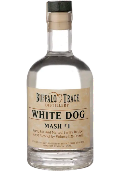 375ml bottle of Buffalo Trace White Dog Whiskey Mash No. 1, 125 proof, featuring a clear liquid that highlights its unaged character, with a label that notes its high proof and raw whiskey essence