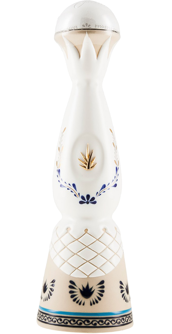 Clase Azul Tequila Añejo 750ml in a handcrafted ceramic decanter, featuring intricate blue and silver designs, filled with rich amber-colored tequila.