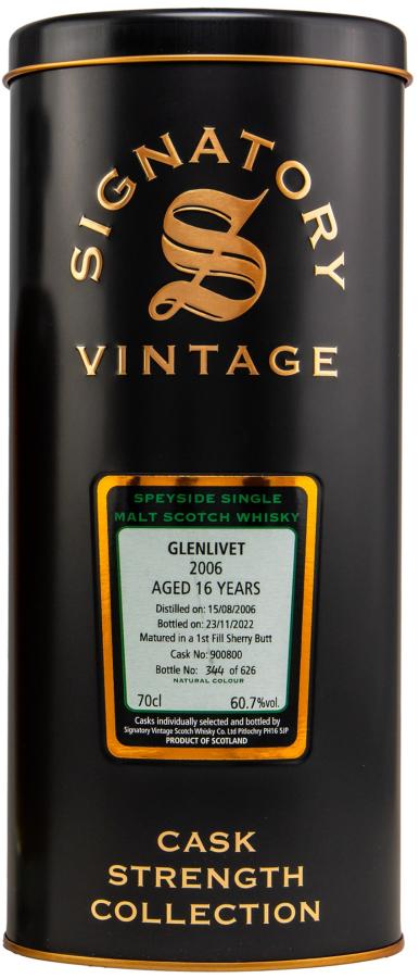 SIGNATORY VINTAGE SCOTCH SINGLE MALT GLENLIVET 1ST FILL SHERRY BUTT CASK STRENGTH COLLECTION 16YR 700ML LIQ