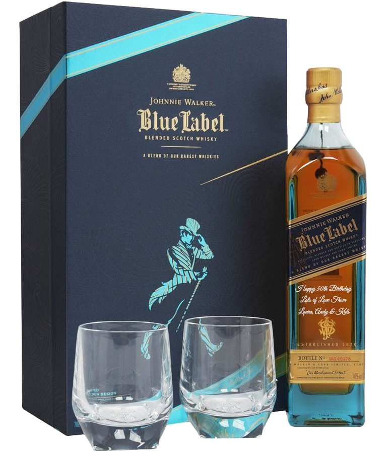 JOHNNIE WALKER SCOTCH BLENDED BLUE LABEL GFT PK W/ GLASSES 750ML Spirits