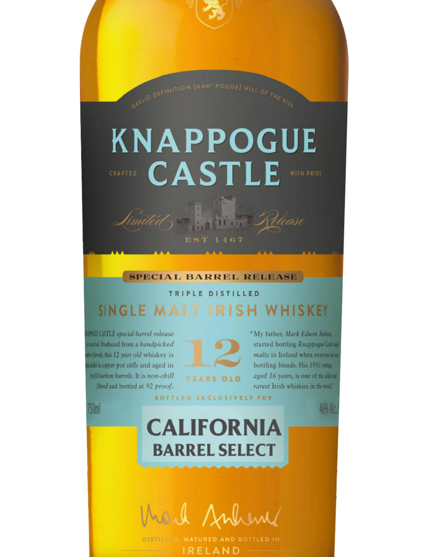 KNAPPOGUE CASTLE WHISKEY SINGLE MALT IRISH CALIFORNIA BARREL SELECT 12YR 750ML LIQ