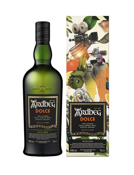 Ardbeg Dolce whisky bottle and box on a white background