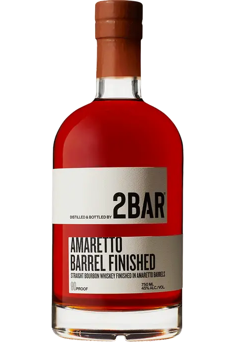 750ml bottle of 2BAR Bourbon Straight Amaretto Barrel Finished, showcasing its rich amber color and distinctive label that highlights its unique finishing in Amaretto barrels from Washington.