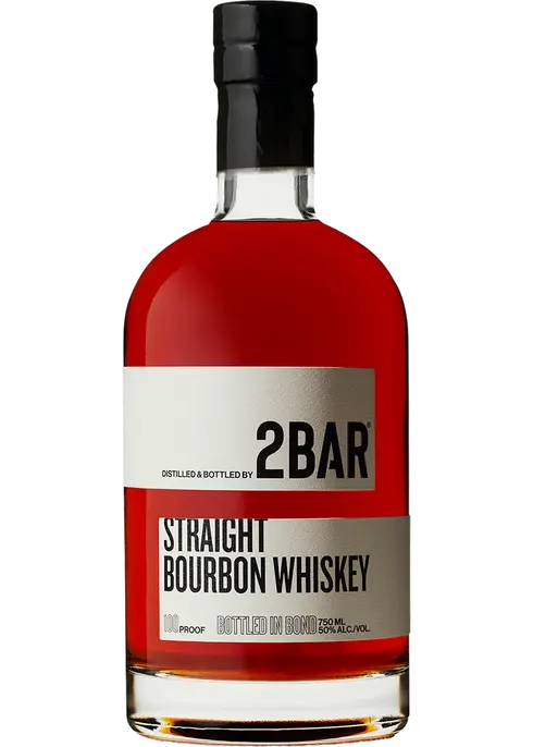 750ml bottle of 2BAR Bourbon Straight Bottled in Bond, featuring a rich amber whiskey encased in a clear glass bottle with a bold label highlighting its Washington origin and bonded quality assurance