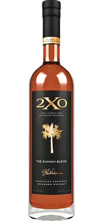 Image of 2XO Bourbon The Kiawah Blend Kentucky 750ml bottle. The bourbon features a dark amber color in a sleek glass bottle, emphasizing its premium quality and rich Kentucky heritage