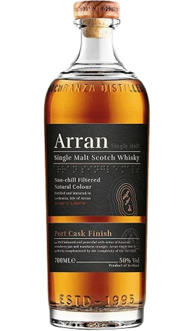  Image of Arran Malt Scotch Single Malt Port Cask Finished 100PF 750ml, showcasing a tall, elegant bottle with a label that highlights the rich port cask finishing and a deep amber Scotch inside.