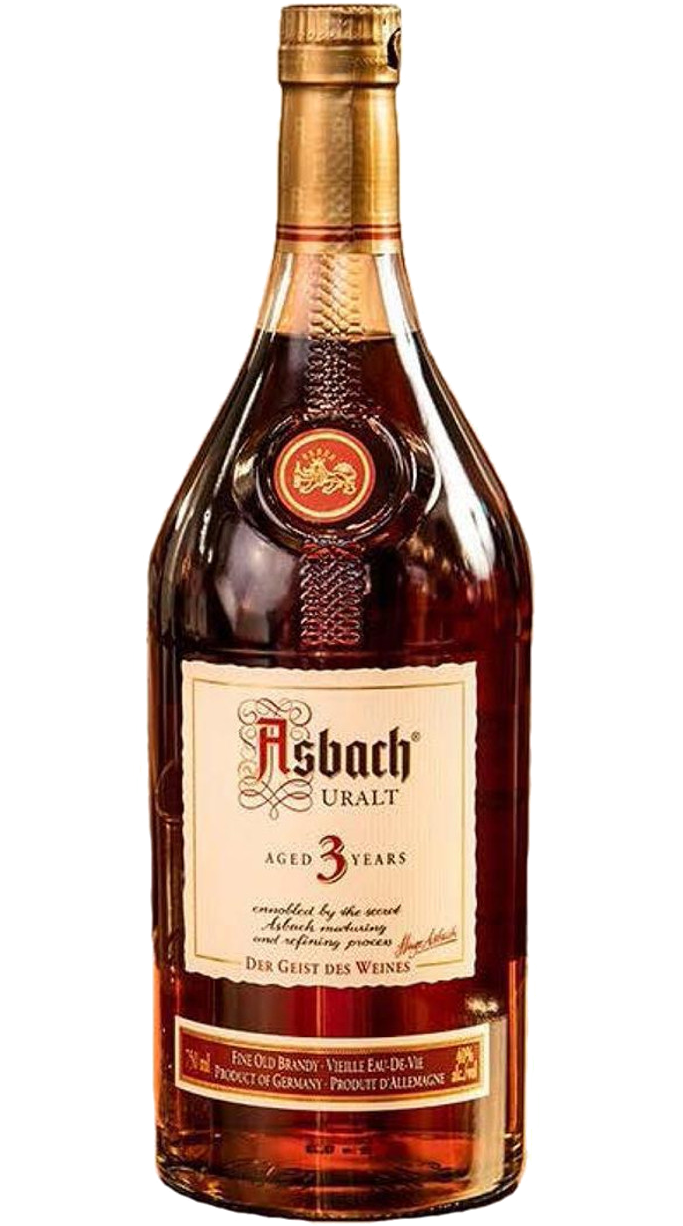 Bottle of Asbach Uralt Brandy Germany 3yr 750ml on a dark, elegant background, showcasing the distinct label and seal.