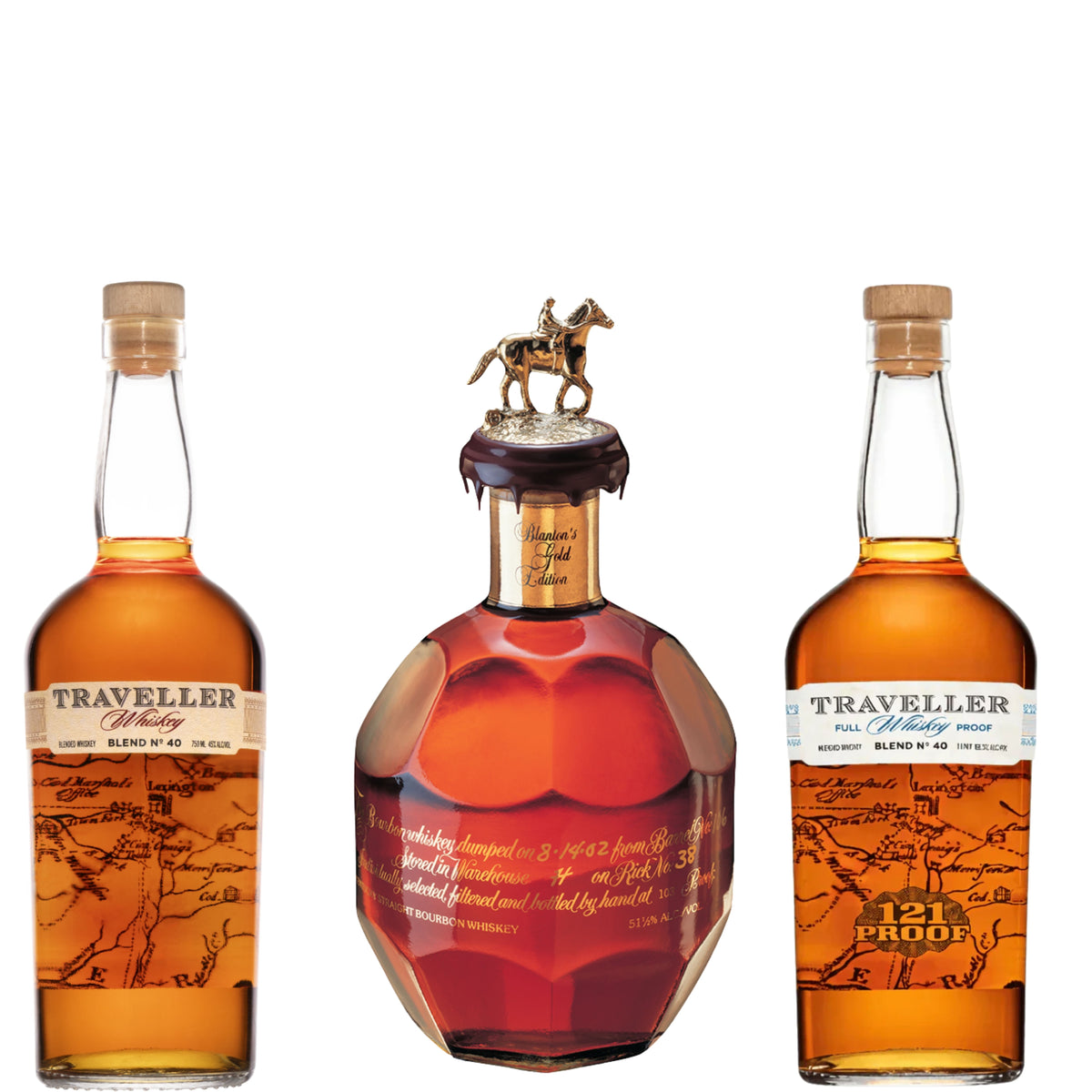 Blantons Gold Bourbon + Traveller Whiskey + Traveller Whiskey Full Proof