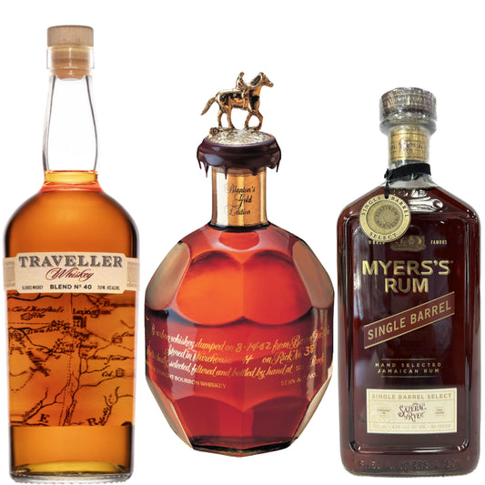 Blantons Bourbon Gold + Traveller Whiskey + Myers Rum Sazerac Barrel Select