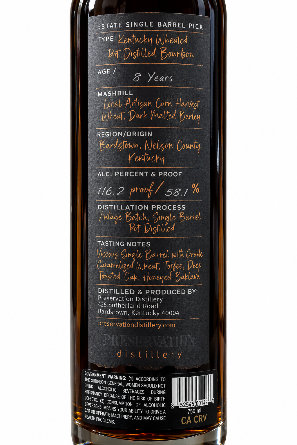 PRESERVATION BOURBON SINGLE BARREL ESTATE POT DISTILLED KENTUCKY 750ML