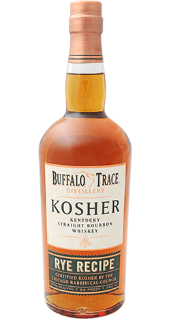 750ml bottle of Buffalo Trace Bourbon Kosher Rye Recipe, featuring a clear glass design that showcases the rich, amber-colored whiskey from Kentucky, with a label indicating its kosher certification and rye mash bill