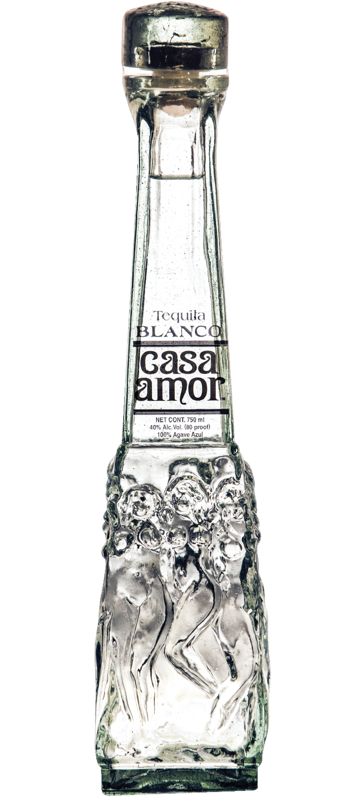 Casa Amor Tequila Blanco 750ml, displaying a clear bottle with minimalist white and silver labeling, showcasing the crystal-clear tequila inside.