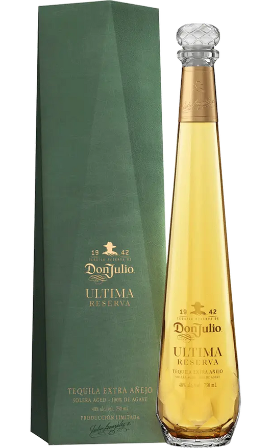 Elegant bottle of Don Julio Ultima Reserva Tequila 750ml, displaying rich golden tequila through clear glass against a dark background, emphasizing luxury and exclusivity.