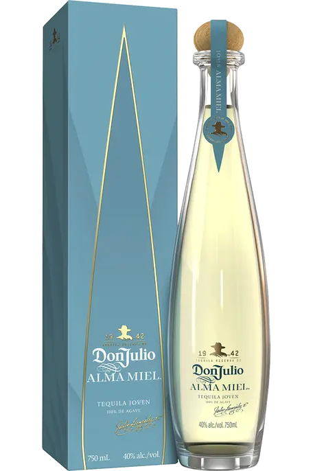 750ml Don Julio Alma Miel Joven Tequila bottle, highlighting its amber liquid and elegant 'Alma Miel' and 'Joven' labels, against a refined background
