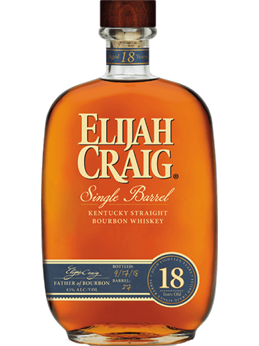 ELIJAH CRAIG 18-Year-Old Kentucky Bourbon, 90 proof, 750ml bottle. Features detailed label showcasing age and quality, ideal for collectors and connoisseurs of fine American whiskey.