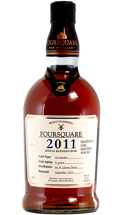 Foursquare Rum Single Blended Exceptional Cask Selection Barbados 2011 750ml bottle. Showcases a dark amber rum in a clear bottle with a detailed label featuring vintage and origin information