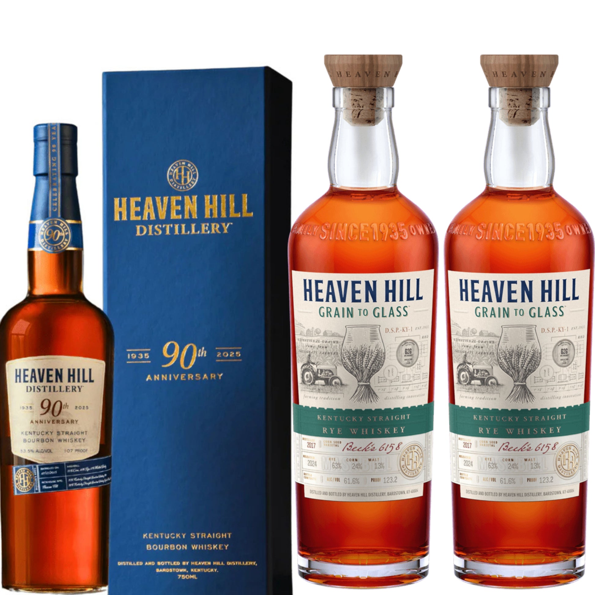 Heaven Hill Bourbon 90th Anniversary 750ML + 2 Heaven Hill Grain to Glass Rye 750ML