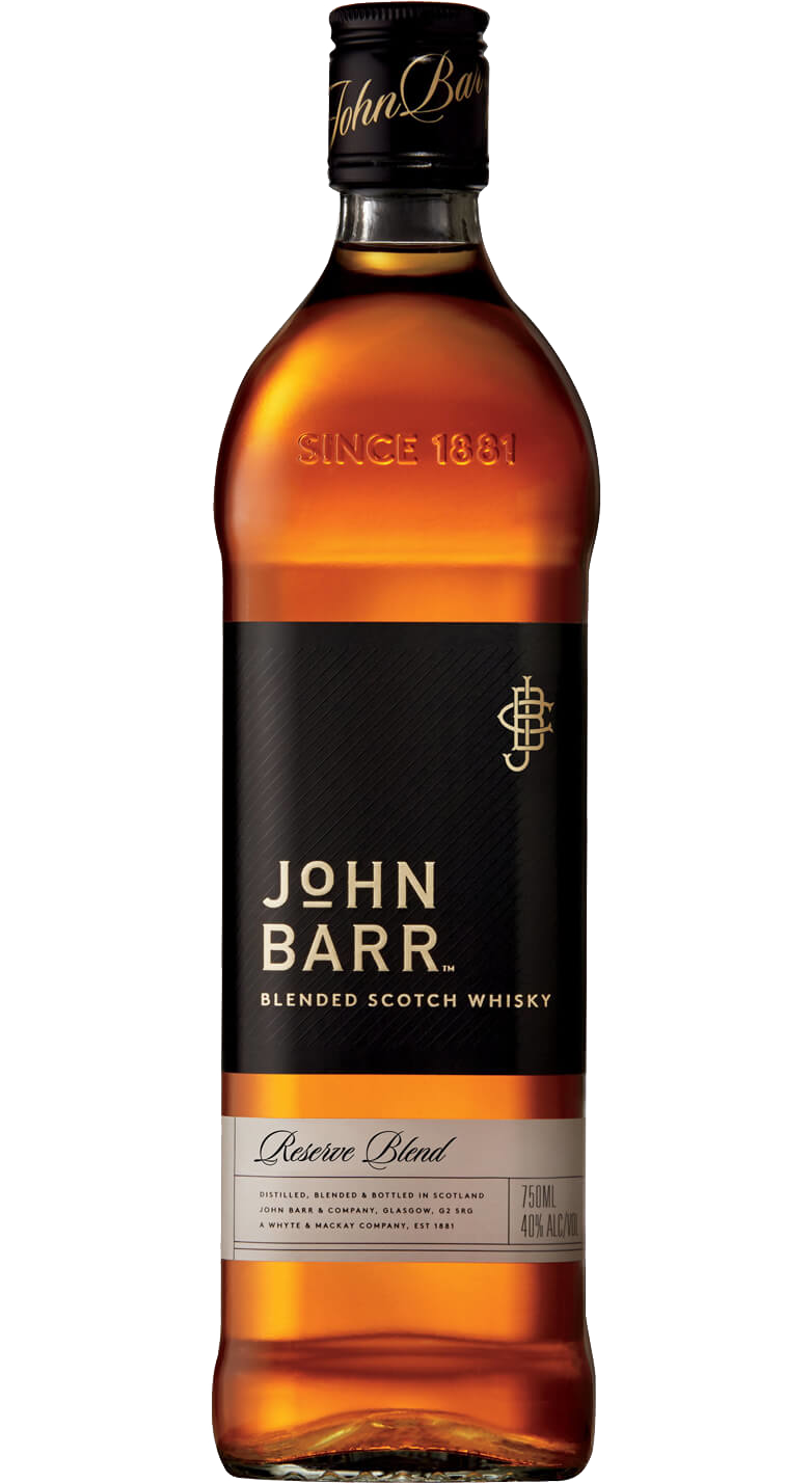 Image of JOHN BARR Blended Scotch Whisky 1.75L bottle. The large, elegant bottle features classic labeling with a distinct Scottish heritage design, showcasing its rich amber whisky color, ideal for whisky connoisseurs