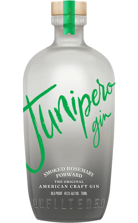 Image of Junipero Gin Smoked Rosemary Forward bottle, 750ml size, showcasing a clear glass with intricate label detailing, set against a backdrop of San Francisco. The label features bold text and a graphic of smoked rosemary, highlighting the gin's 98.6 proof.