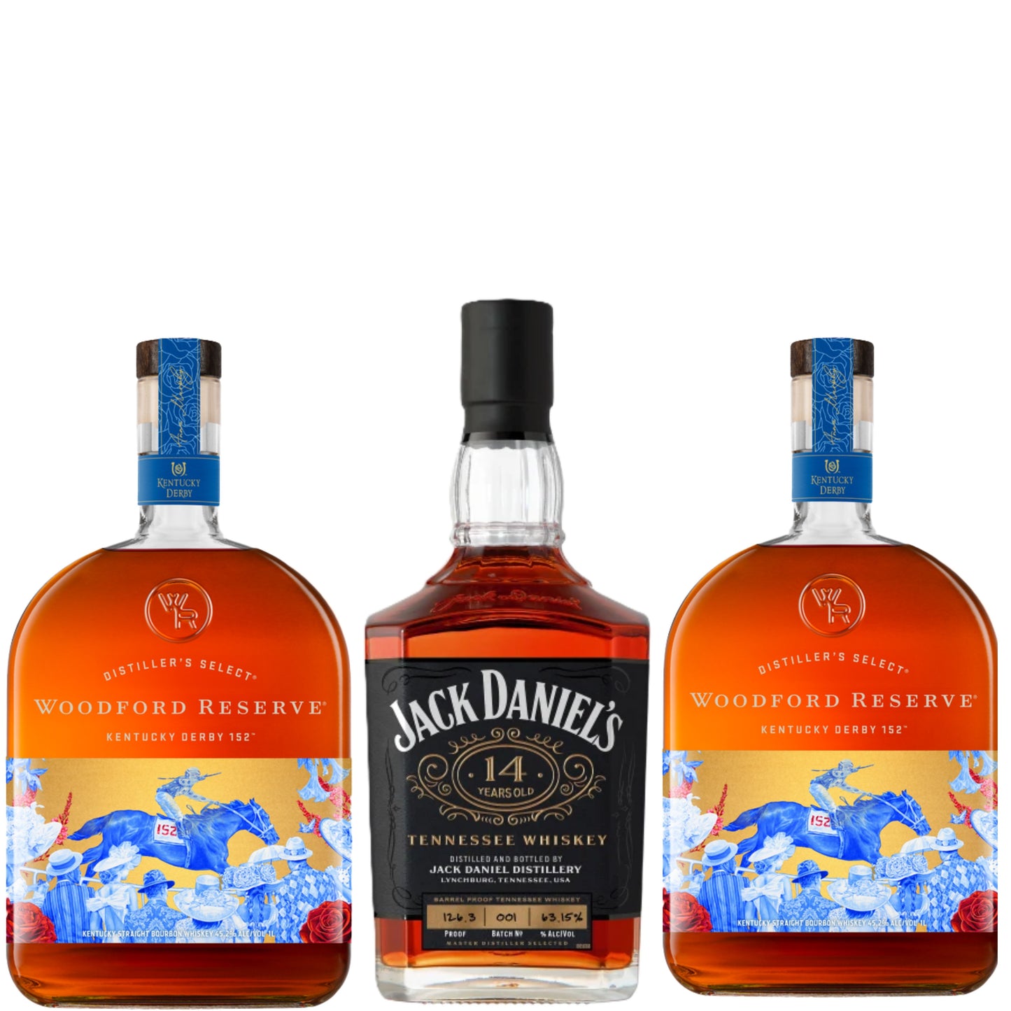 Jack Daniels Whiskey 14YR 700ML + 2 Woodford Reserve Bourbon Derby 152 Edition 1LI