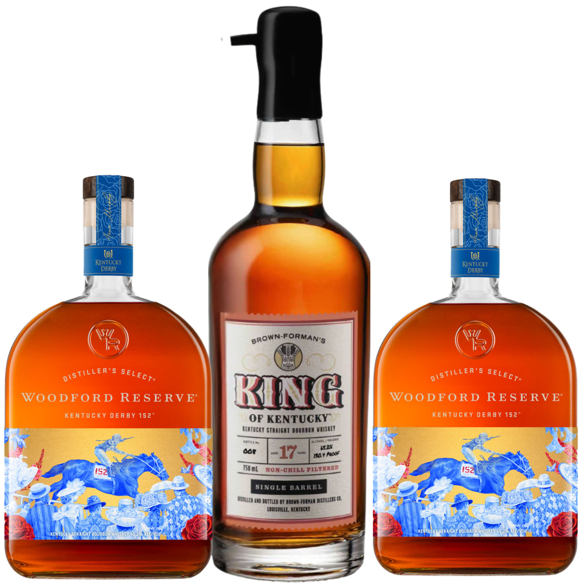 King Of Kentucky Bourbon Single Barrel 17YR 2025 Edition + 2 Woodford Reserve Bourbon 2026 Derby