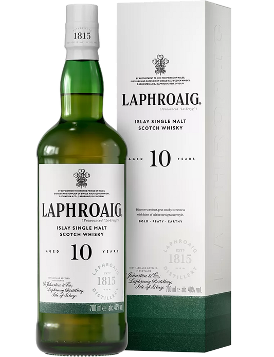 Bottle of Laphroaig Scotch Single Malt 86pf 10yr 750ml, showcasing a classic design, representing premium Islay Scotch with bold peat smoke and sweet vanilla notes.