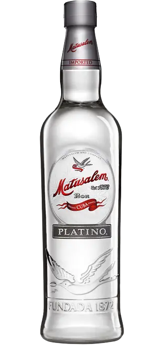 Image of Matusalem Platino Rum 750ml bottle. The sleek, transparent bottle showcases the clear, premium white rum with a minimalist label emphasizing its Dominican heritage, ideal for refined cocktails