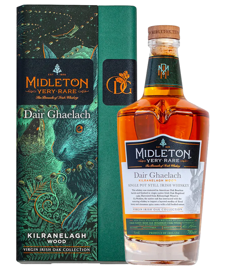 MIDLETON Very Rare Dair Ghaelach Whiskey Kilranelagh Wood Tree No. 1 Irish, 700ml bottle. The whiskey features a distinctive wooden label, symbolizing its origin from Kilranelagh Wood, ideal for collectors and aficionados of fine Irish whiskey.
