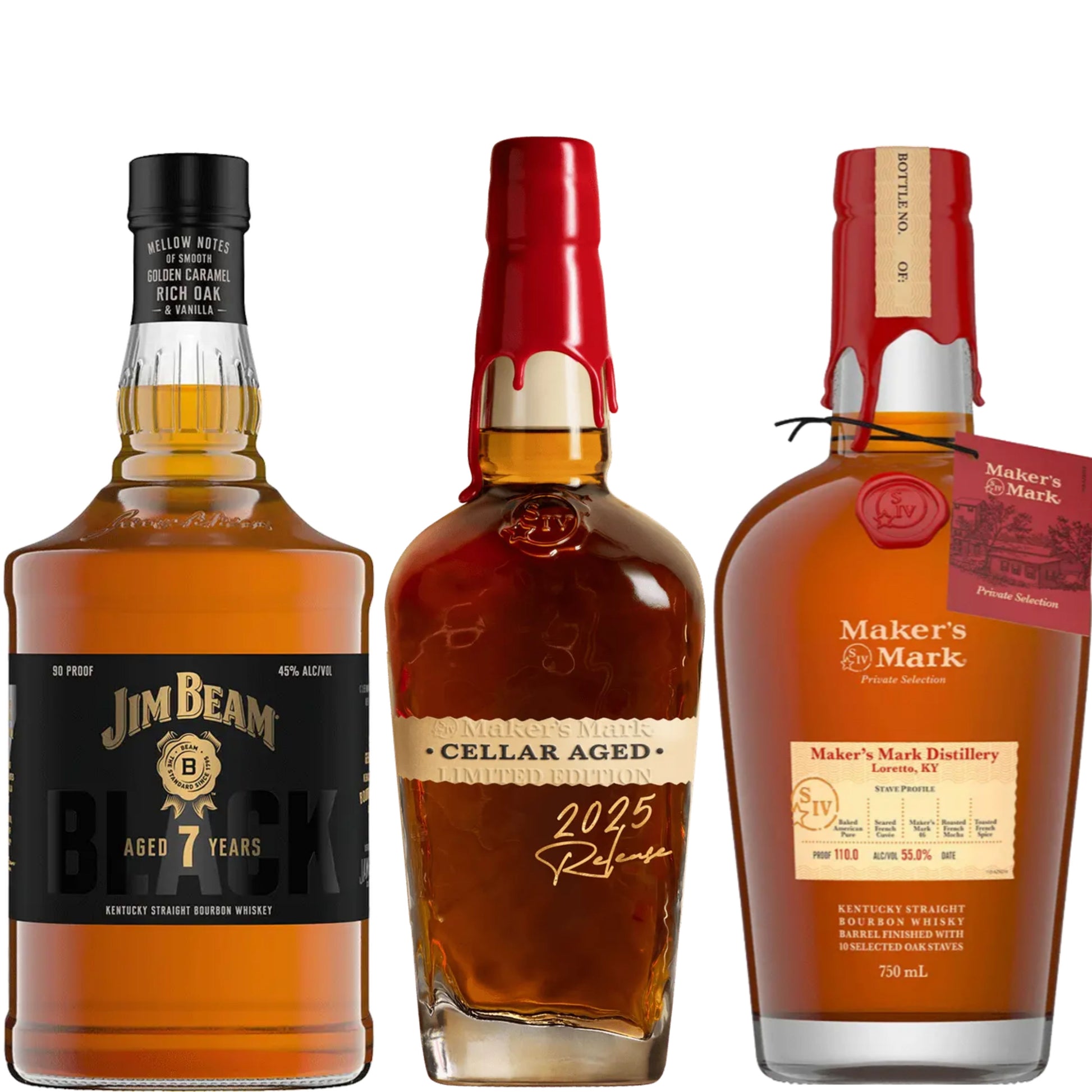 Makers Mark Bourbon Cellar Aged + Jim Beam Black 750ML + Makers Mark Private Barrel