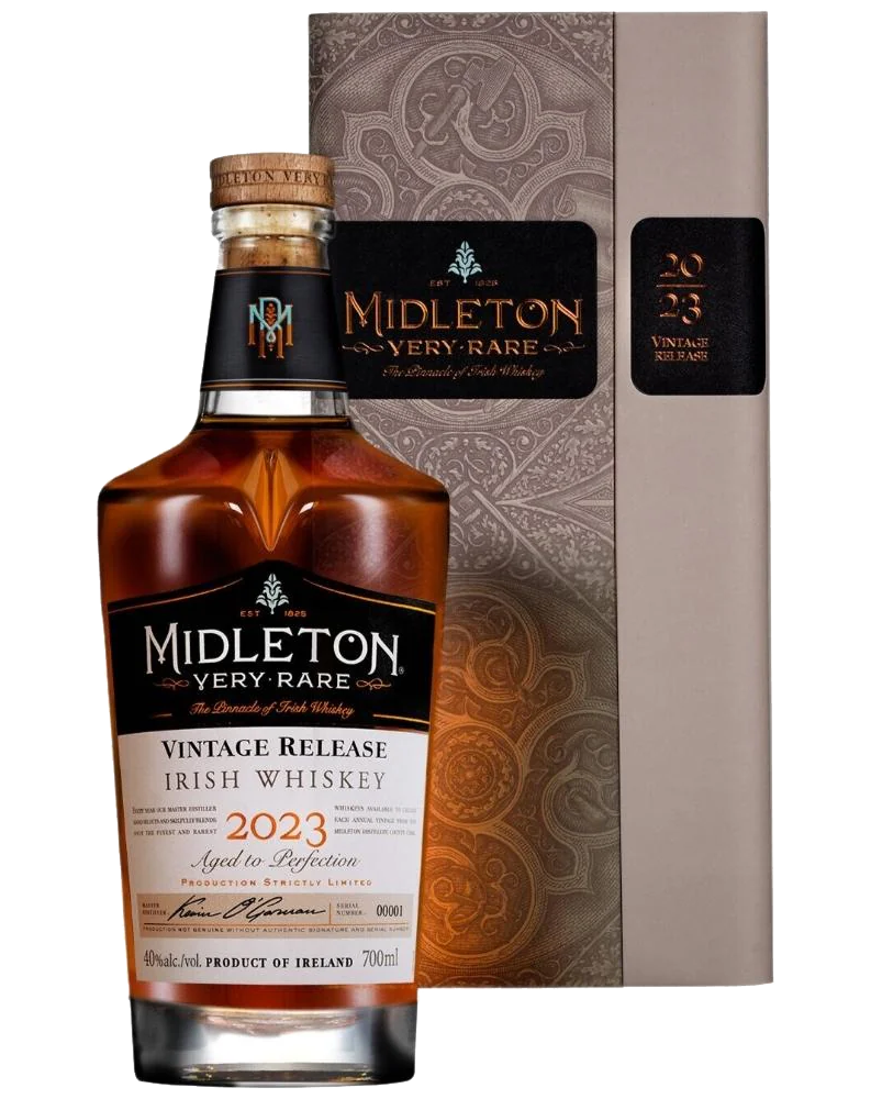 Midleton Whiskey Very Rare 2023 Vintage Release Irish 700ML, featuring an elegantly designed bottle with intricate label details, showcasing the golden amber hue of the whiskey inside.