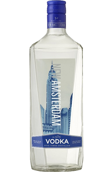 New Amsterdam Vodka 1.75L bottle, featuring a sleek, modern design with clear glass showcasing the pure and transparent vodka, labeled prominently for visibility.