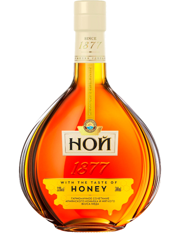 NOY Honey Flavored Brandy 700ml bottle, highlighting its deep amber color and honey infusion, detailed with an elegant label that celebrates its Armenian heritage, against a refined backdrop