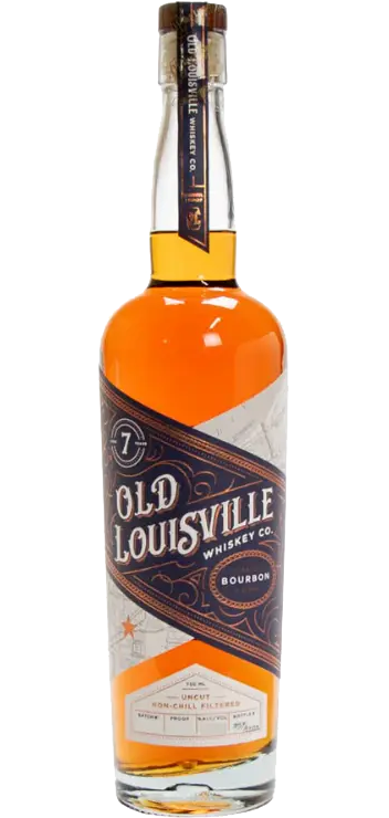 Bottle of Old Louisville Bourbon Uncut 7yr Kentucky 750ml, featuring a rich amber liquid in an elegant bottle, representing premium full proof Kentucky bourbon with caramel and oak flavors.