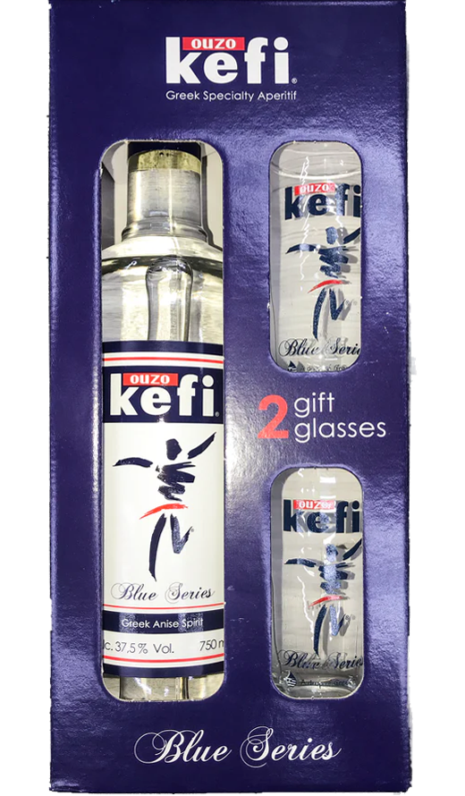 OUZO KEFI BLUE SERIES W/ 2 GLASSES GREECE 750ML LIQ