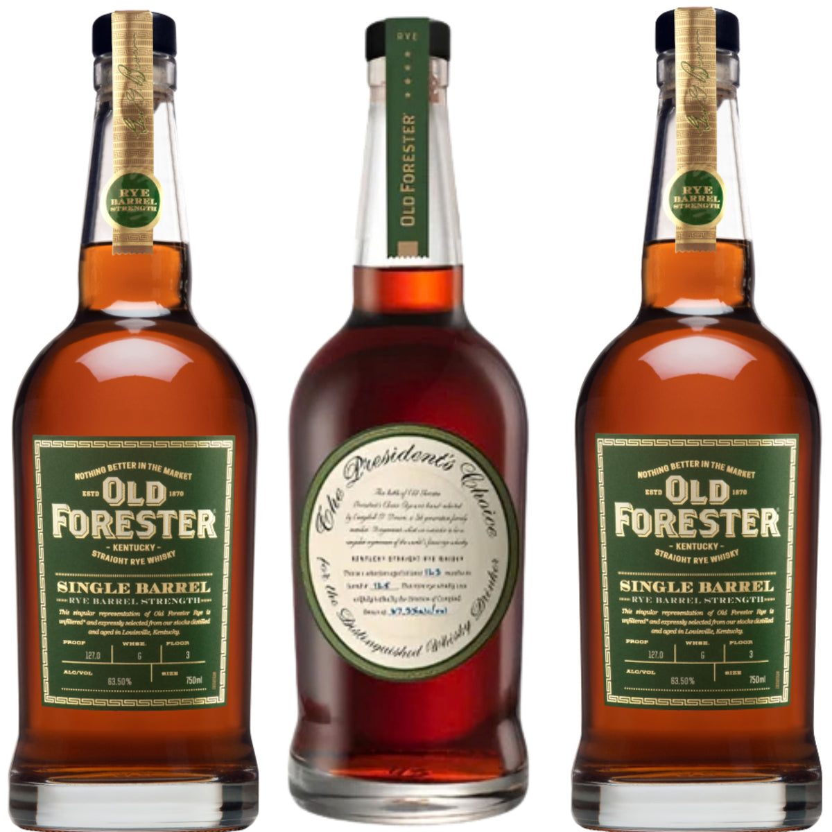 Old Forester Rye Whiskey The Presidents Choice + 2 Old Forester Whiskey Rye Barrel Strength 750ML