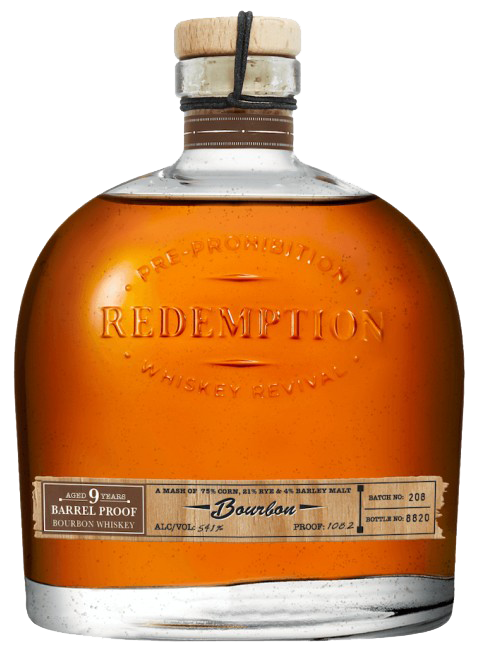 Redemption Bourbon Barrel Proof Kentucky 9yr 750ml, displaying a dark amber-colored bourbon in a clear bottle with a detailed label emphasizing its age and proof.