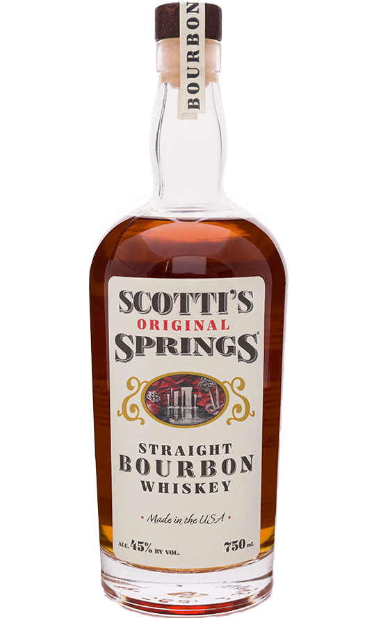 Bottle of Scottis Original Springs Bourbon Straight California 750ml, featuring a robust design and clear glass that showcases the rich amber color of the bourbon, labeled to highlight its premium Californian origin
